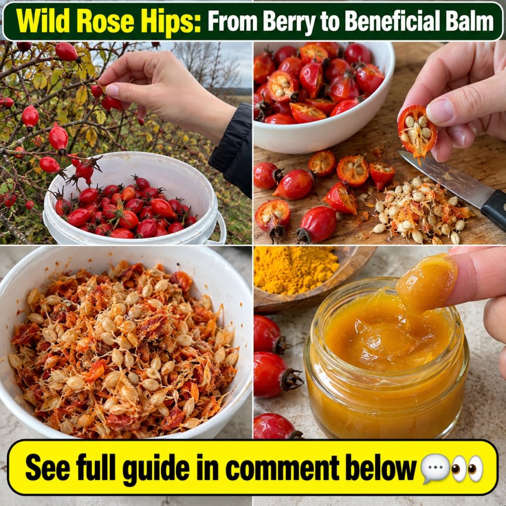 A close-up of a small jar of homemade rosehip balm with dried rose hips and fresh rose hips scattered around it on a rus