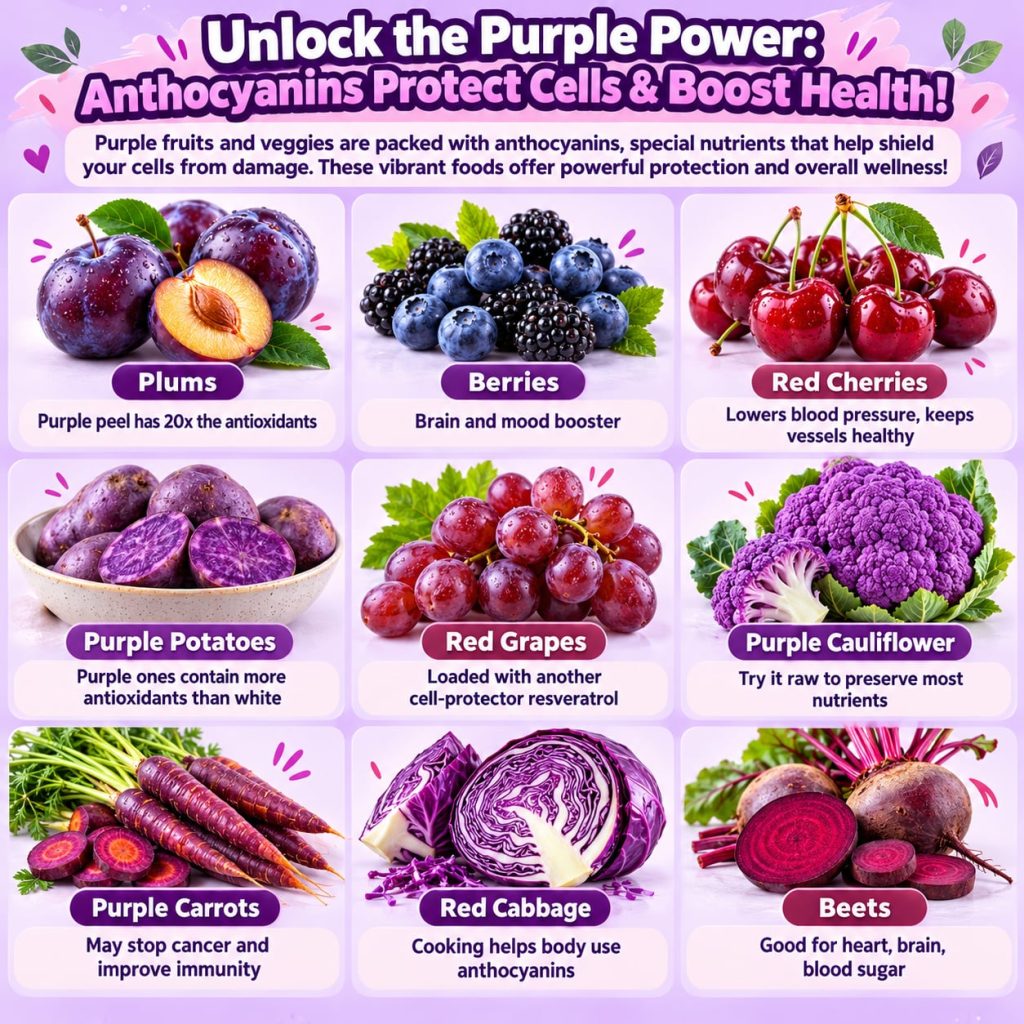 A colorful array of purple fruits and vegetables such as blueberries blackberries purple grapes purple cabbage and eggpl