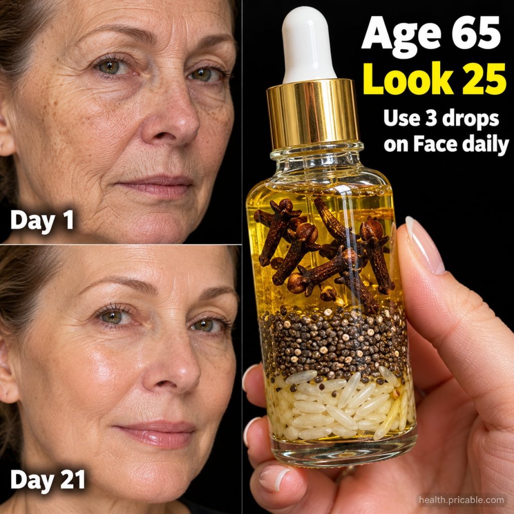 A small clear dropper bottle filled with a golden-hued facial oil placed next to a few natural skin-friendly ingredients