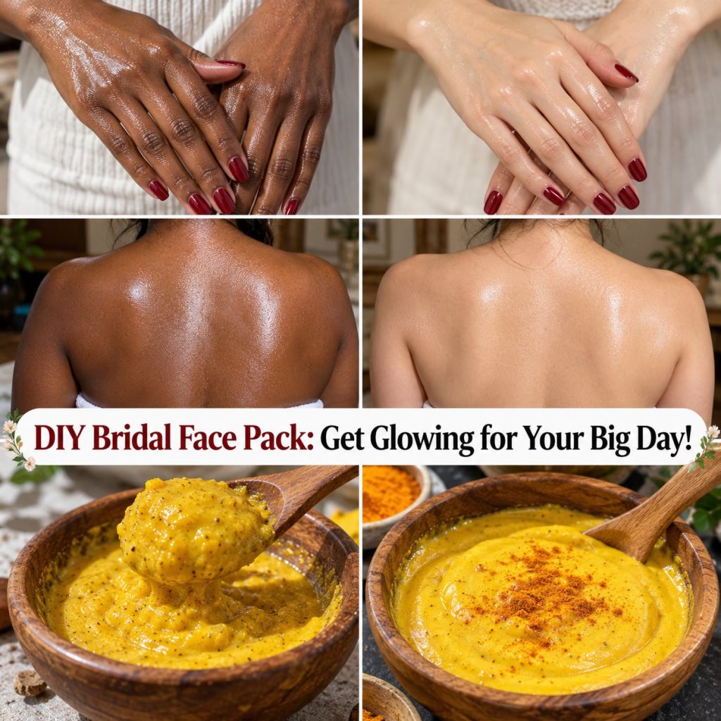 A woman applying a creamy yellow face pack to her face with a gentle smile Her hair is pulled back and the setting sugge