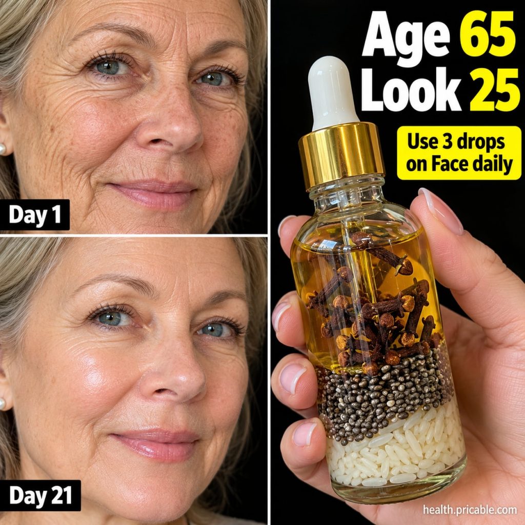 A small glass dropper bottle filled with a golden facial oil surrounded by natural ingredients like jojoba seeds rosehip