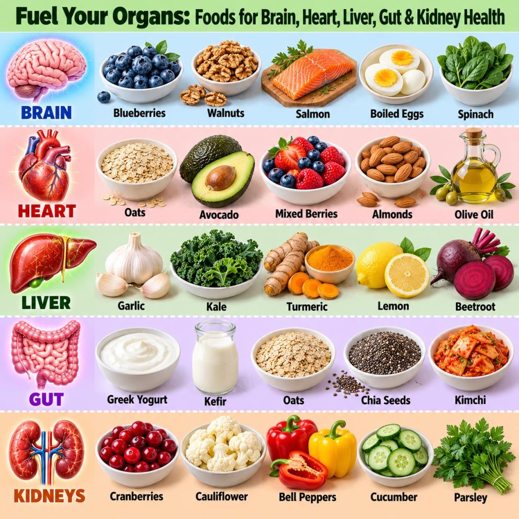 A vibrant spread of healthy foods specifically highlighting blueberries and oats alongside other fruits and vegetables r