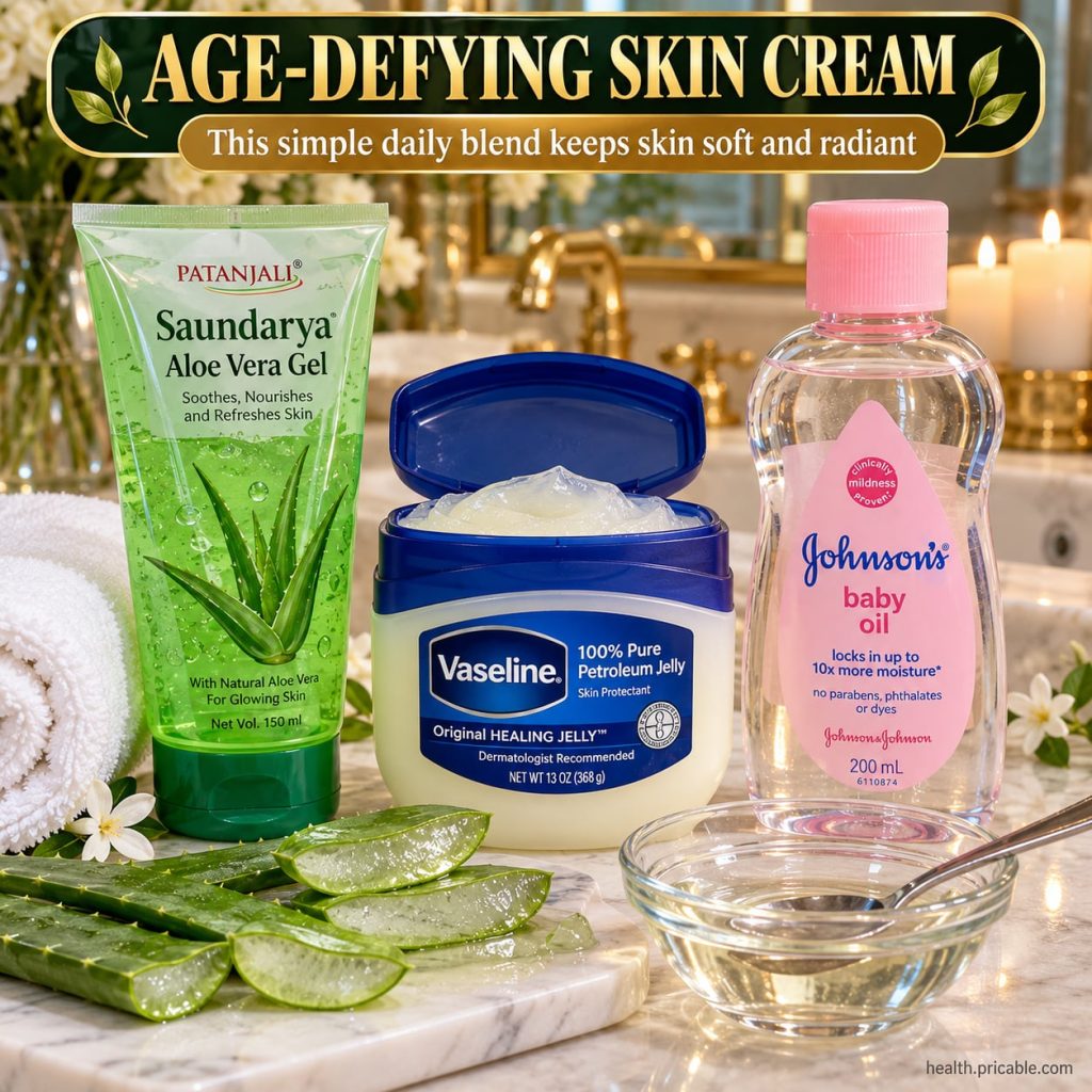 A close-up of a small glass jar containing a homemade cream with fresh aloe vera leaves a tub of petroleum jelly and a b