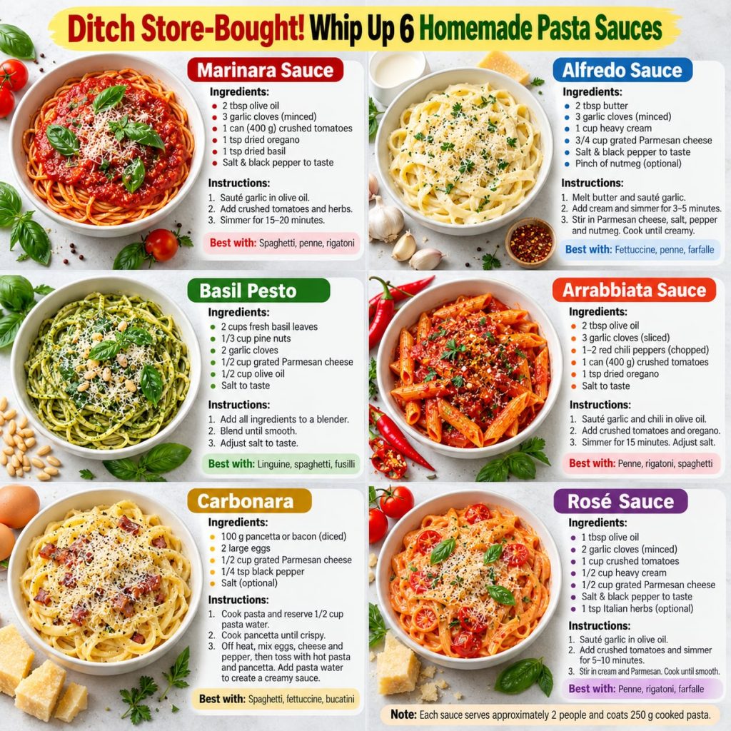 A variety of colorful homemade pasta sauces in small bowls such as red marinara creamy white alfredo green pesto and pin