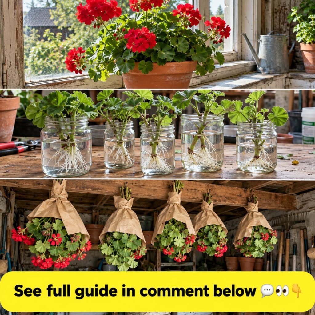 A close-up of a potted vibrant pink geranium blooming indoors near a window suggesting successful winter care