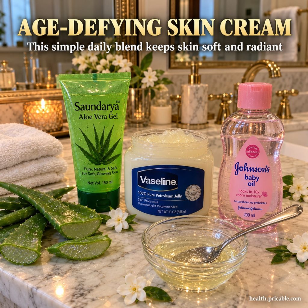 A trio of ingredients a jar of Vaseline a bottle of baby oil and a tube or jar of aloe vera gel arranged on a clean ligh