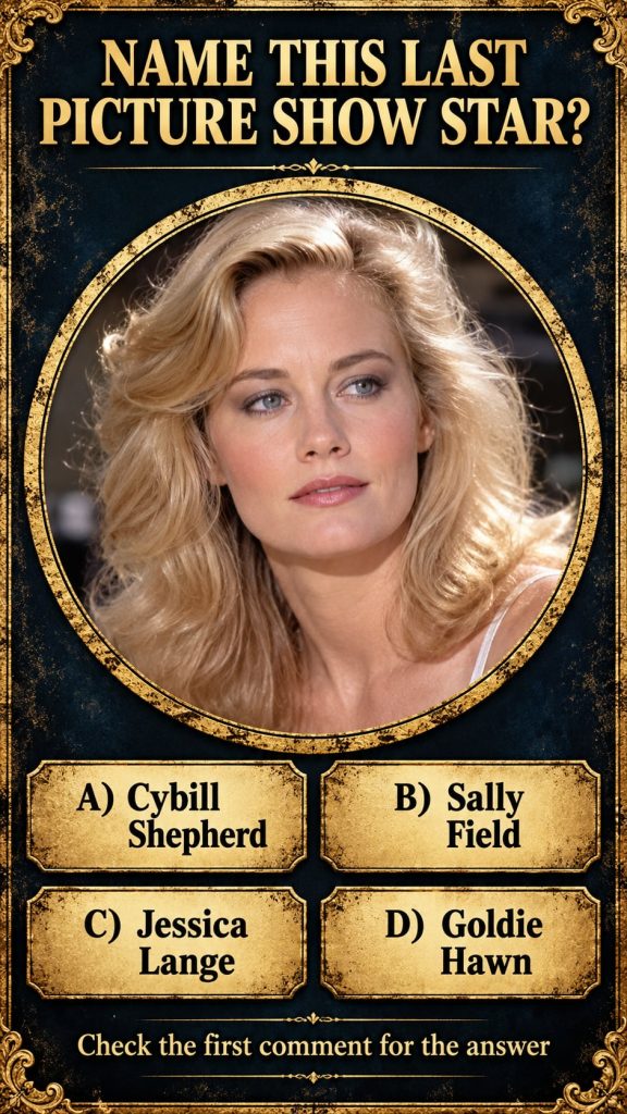 A striking portrait of a young Cybill Shepherd with her signature blonde hair and expressive eyes in a pose reminiscent 