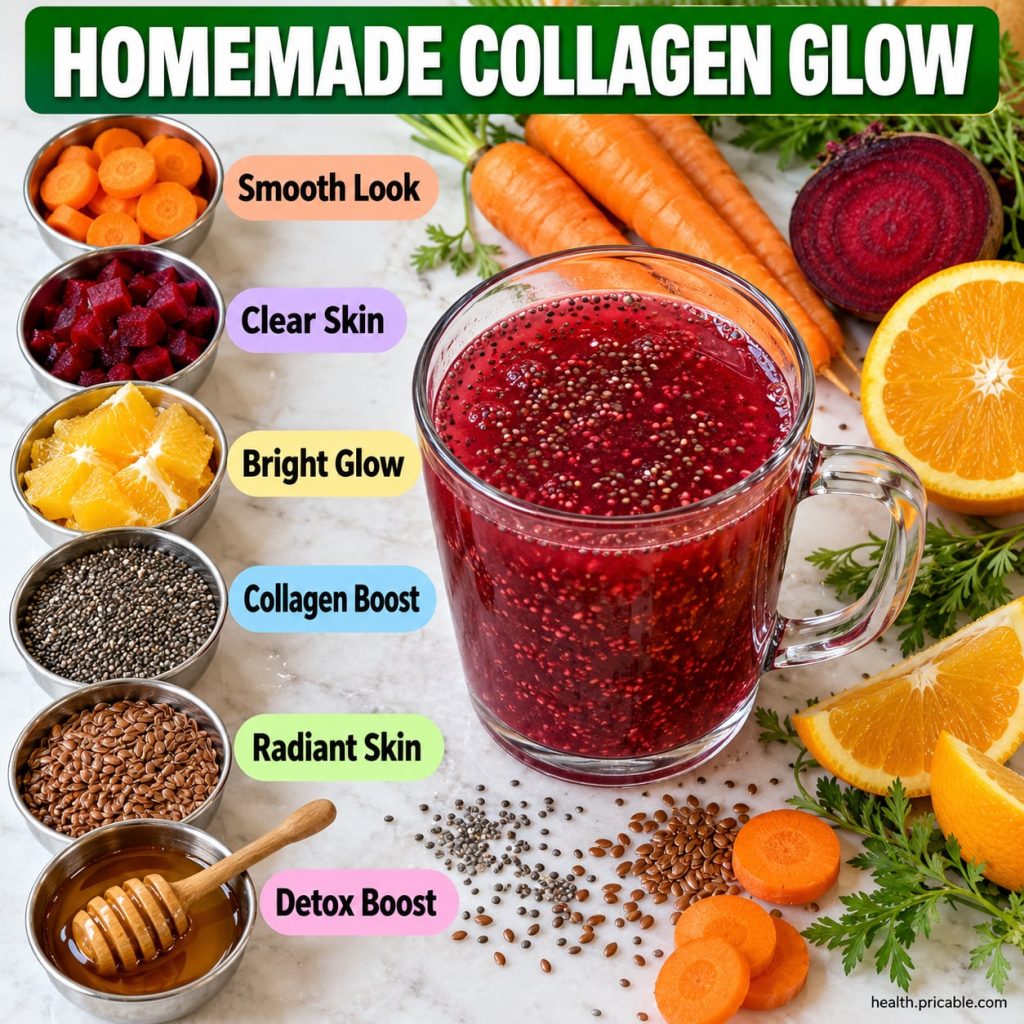 A vibrant refreshing homemade collagen glow drink in a clear glass with ice garnished with berries and a lemon slice The