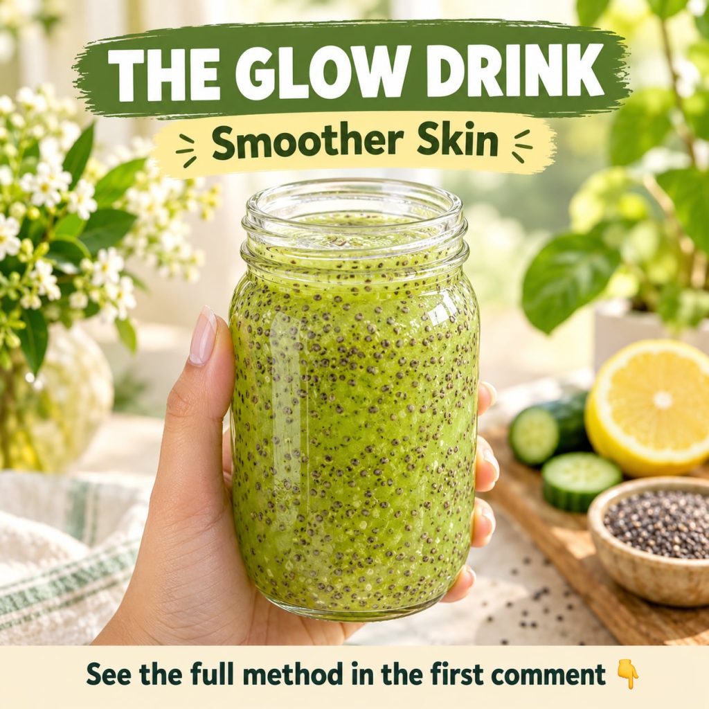 A vibrant refreshing Glow Drink in a clear glass garnished with fresh fruit or herbs on a light clean surface suggesting