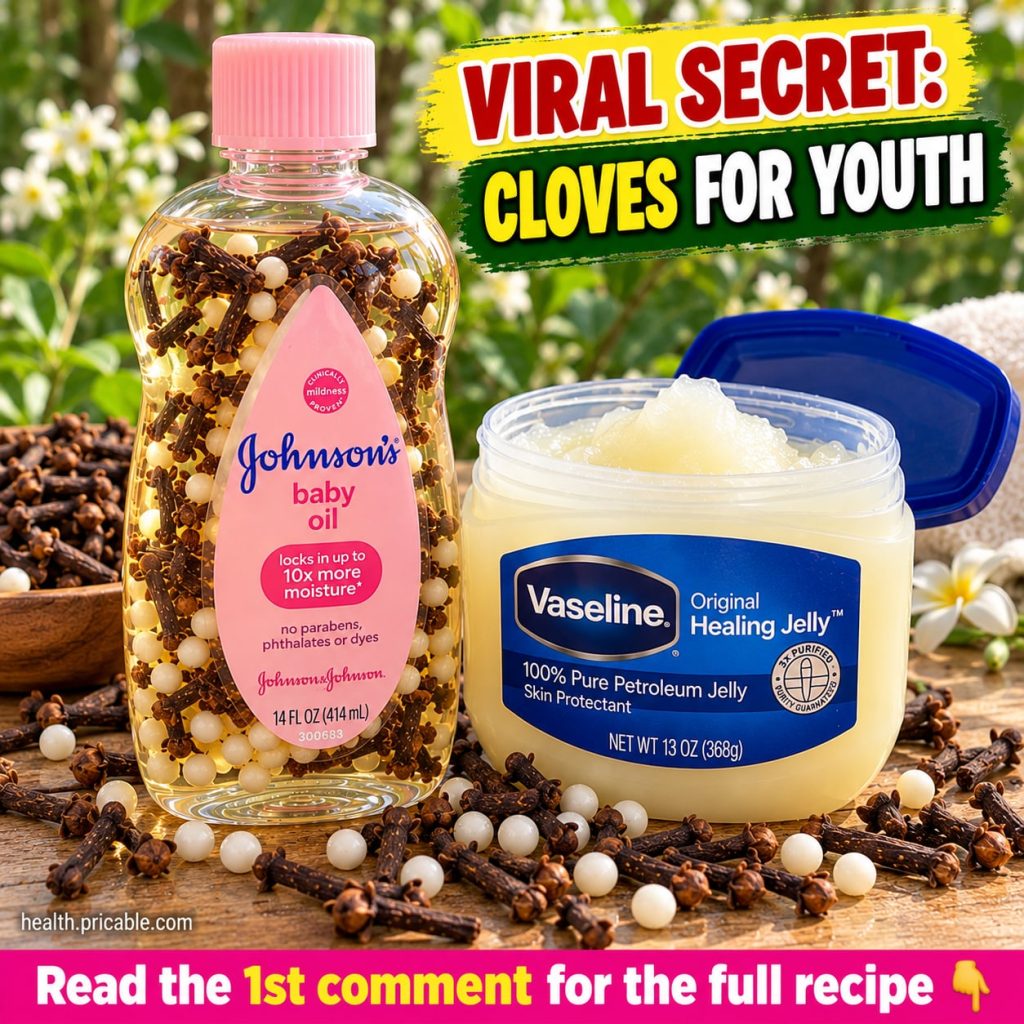 A small glass jar of homemade clove Vaseline and baby oil balm on a rustic wooden surface with whole cloves and a bottle