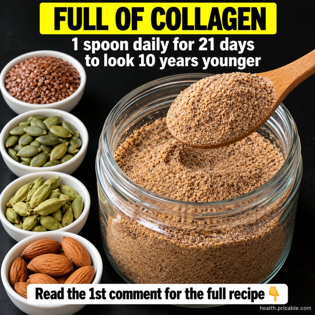 A close-up of a glass of smoothie or a beverage with a spoonful of beige powder being added suggesting a daily beauty ro