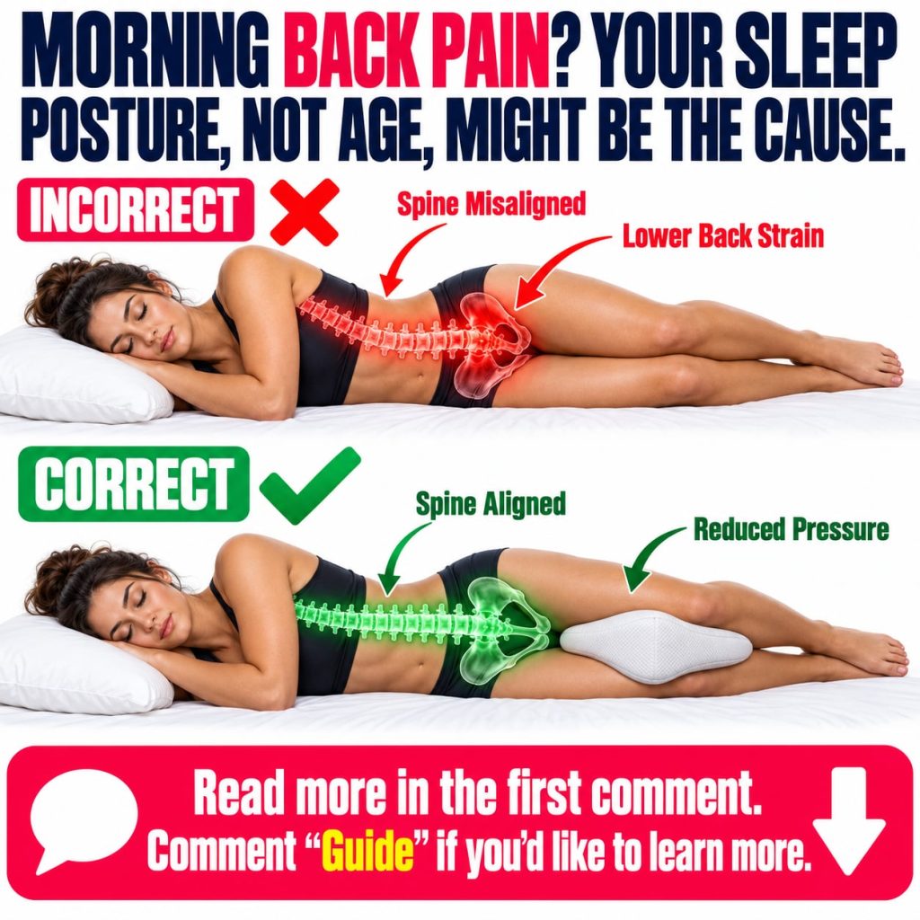 A person sleeping on their side with a pillow between their knees demonstrating proper spinal alignment and back pain re