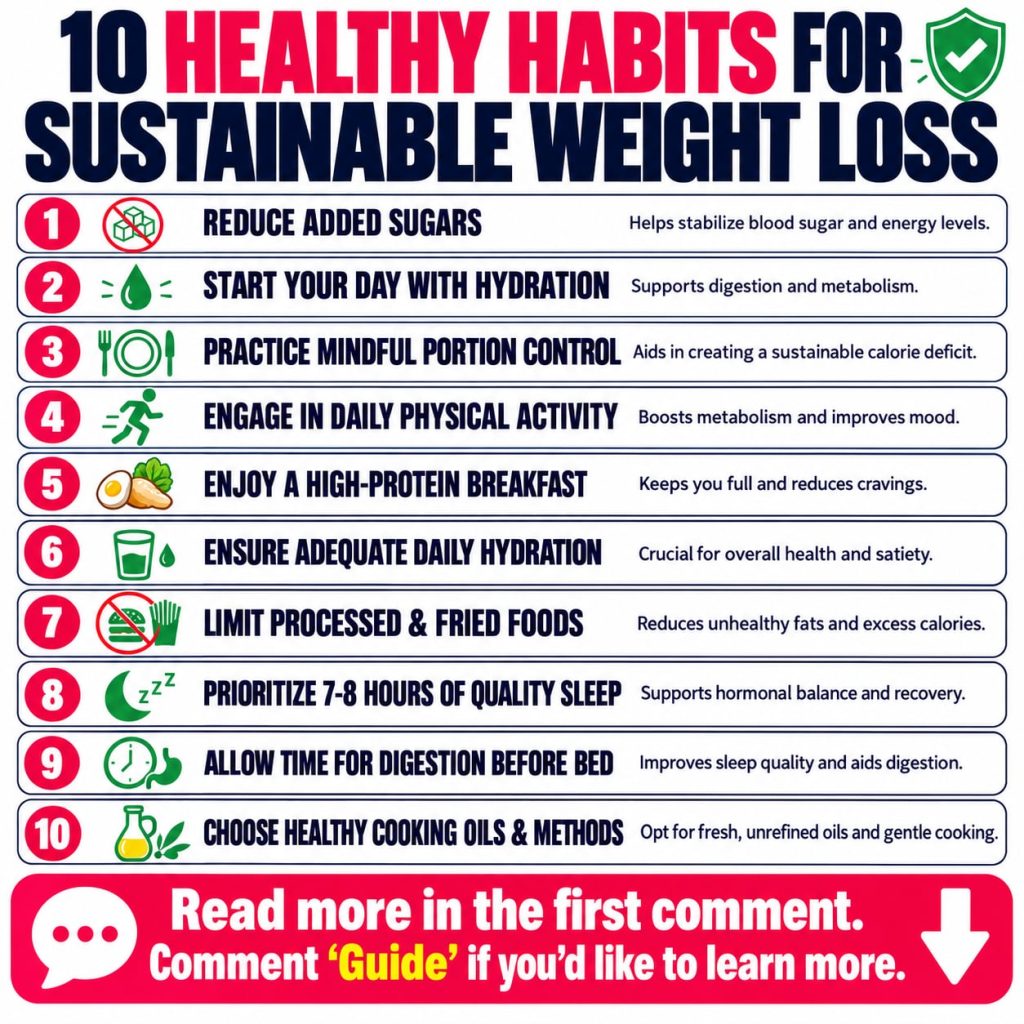 An infographic or collage illustrating key healthy habits for sustainable weight loss such as a plate of balanced food a