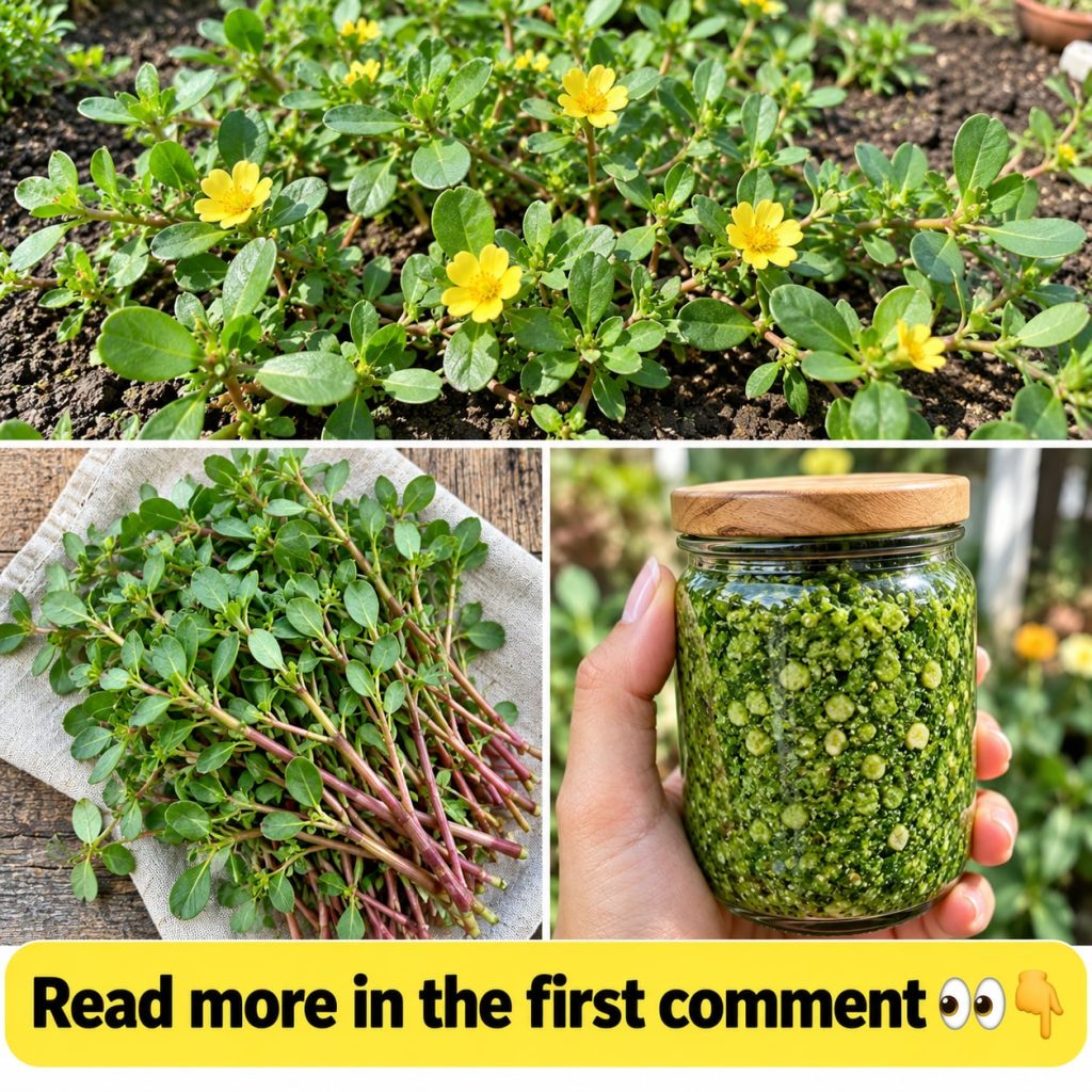 A close-up of fresh vibrant green purslane leaves and reddish stems in a rustic wooden bowl with soft natural lighting