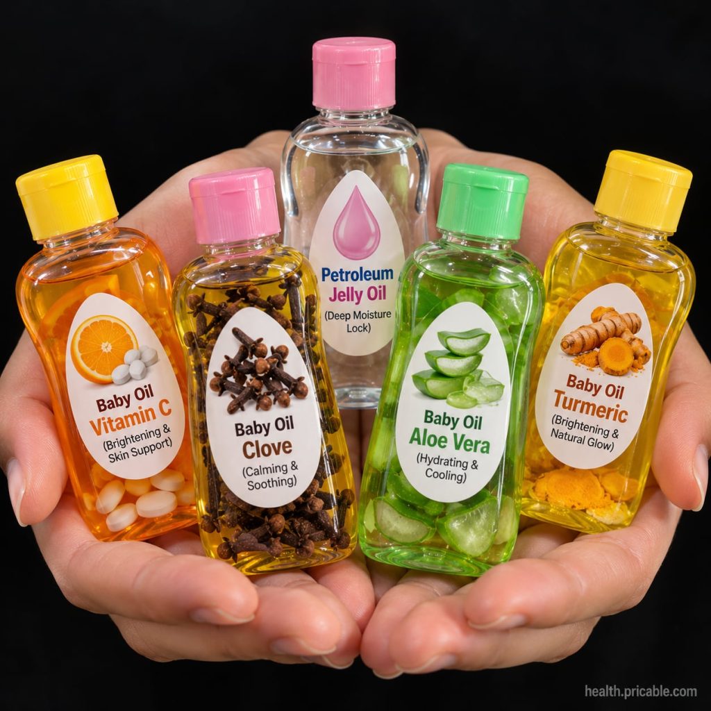 A clear bottle of baby oil on a clean light surface suggesting gentle skincare and purity