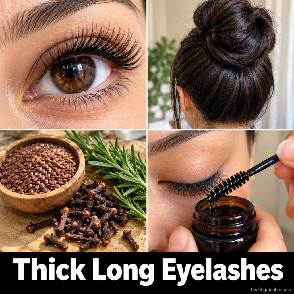Ingredients for a natural lash and hair serum bottles of castor oil vitamin E oil and sweet almond oil neatly arranged o