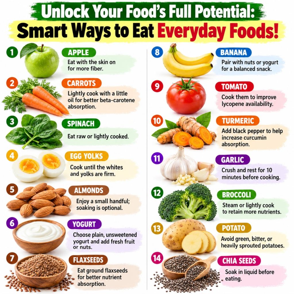A vibrant and inviting flat lay of various healthy foods mentioned in the article such as whole apples lightly cooked ca