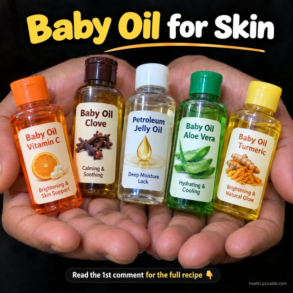A bottle of baby oil next to a woman s hand gently applying it to her arm emphasizing soft glowing skin