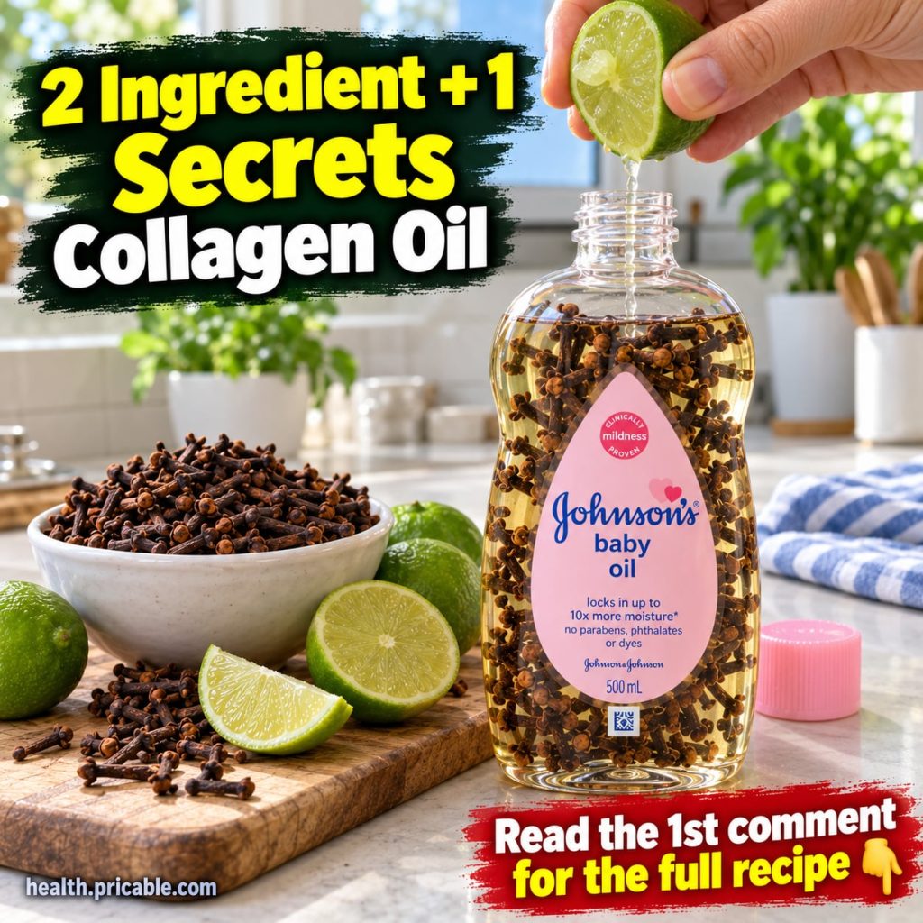 A small glass bottle filled with clear oil containing whole cloves and lime zest on a wooden surface with fresh limes an