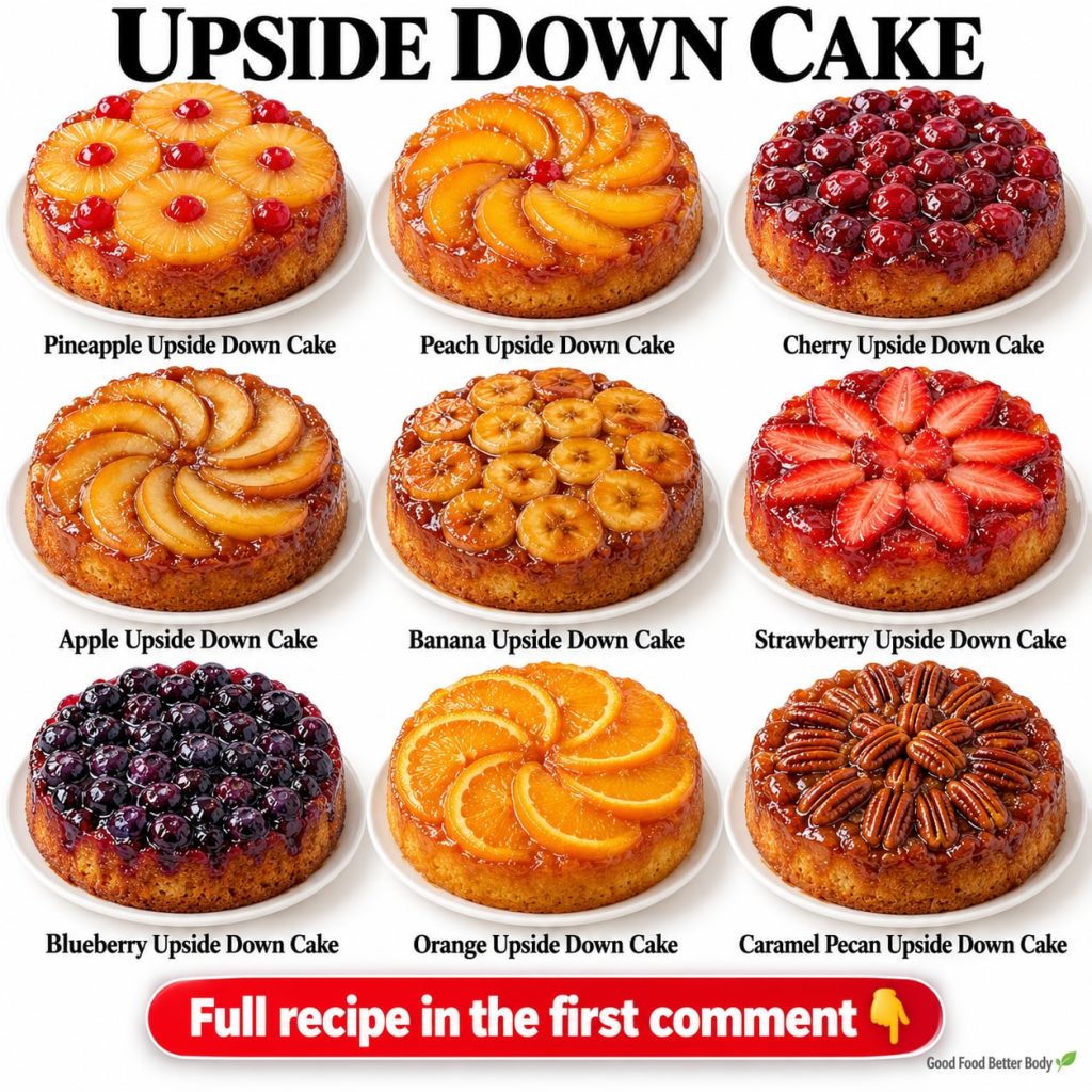 A perfectly baked classic pineapple upside-down cake golden brown with caramelized pineapple rings and bright red marasc