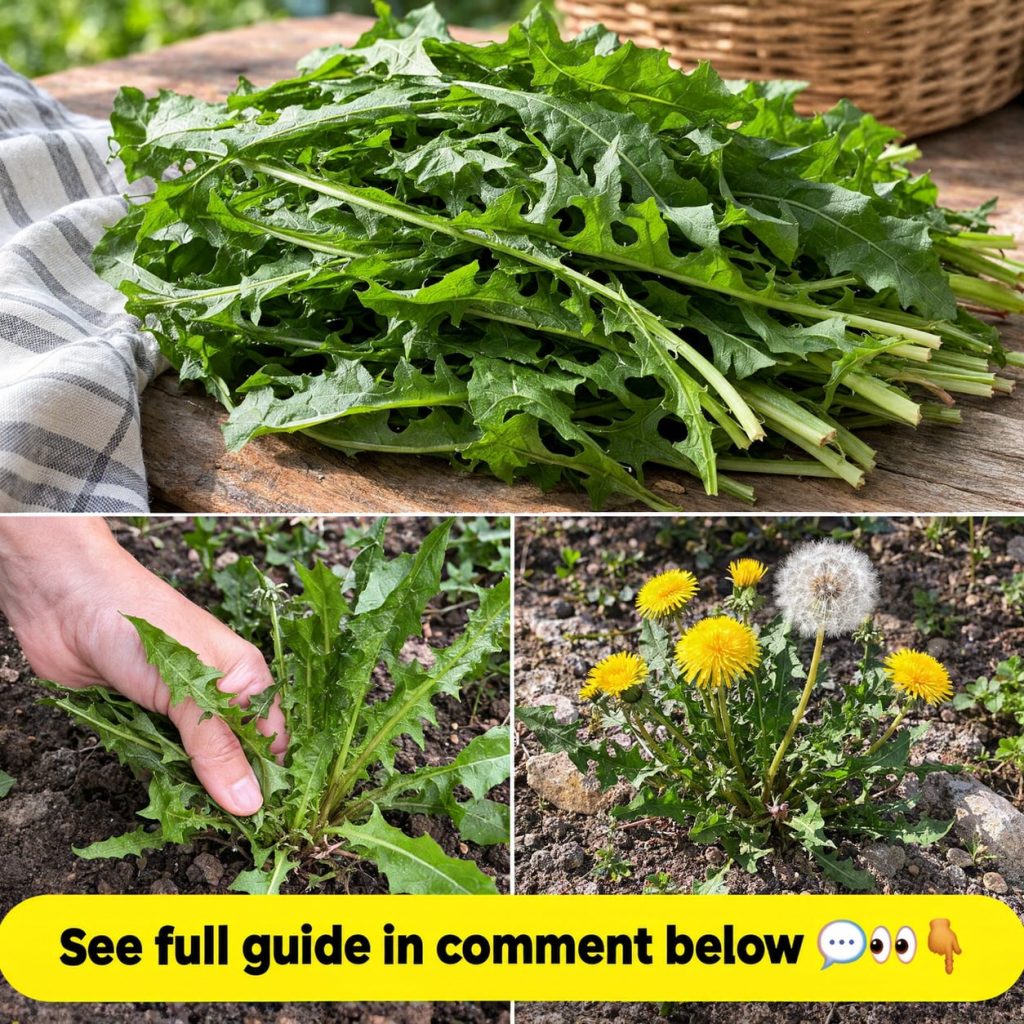 A vibrant green dandelion plant thriving in a field highlighting its lush leaves and yellow flower The sun is shining on