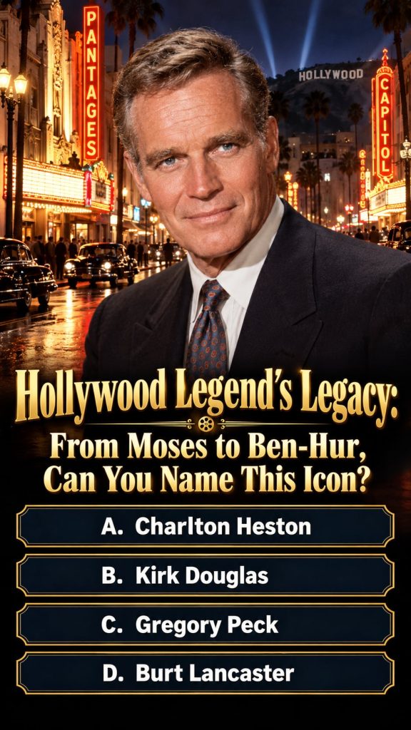 A classic black and white portrait of Charlton Heston in his prime looking determined and iconic