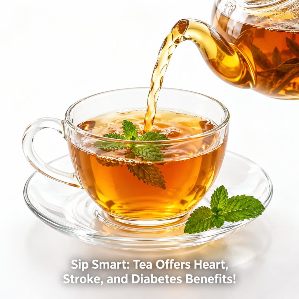 A comforting cup of tea possibly green tea with steam rising surrounded by loose tea leaves or a tea bag and a book sugg
