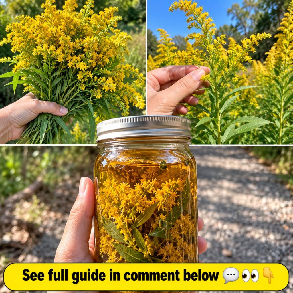 A beautiful close-up of vibrant yellow goldenrod flowers growing in a sunny field with a slight blur in the background