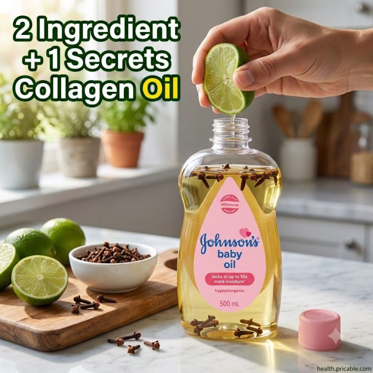 Ingredients for homemade collagen oil cloves fresh lime slices and a bottle of Johnson s baby oil arranged on a rustic w