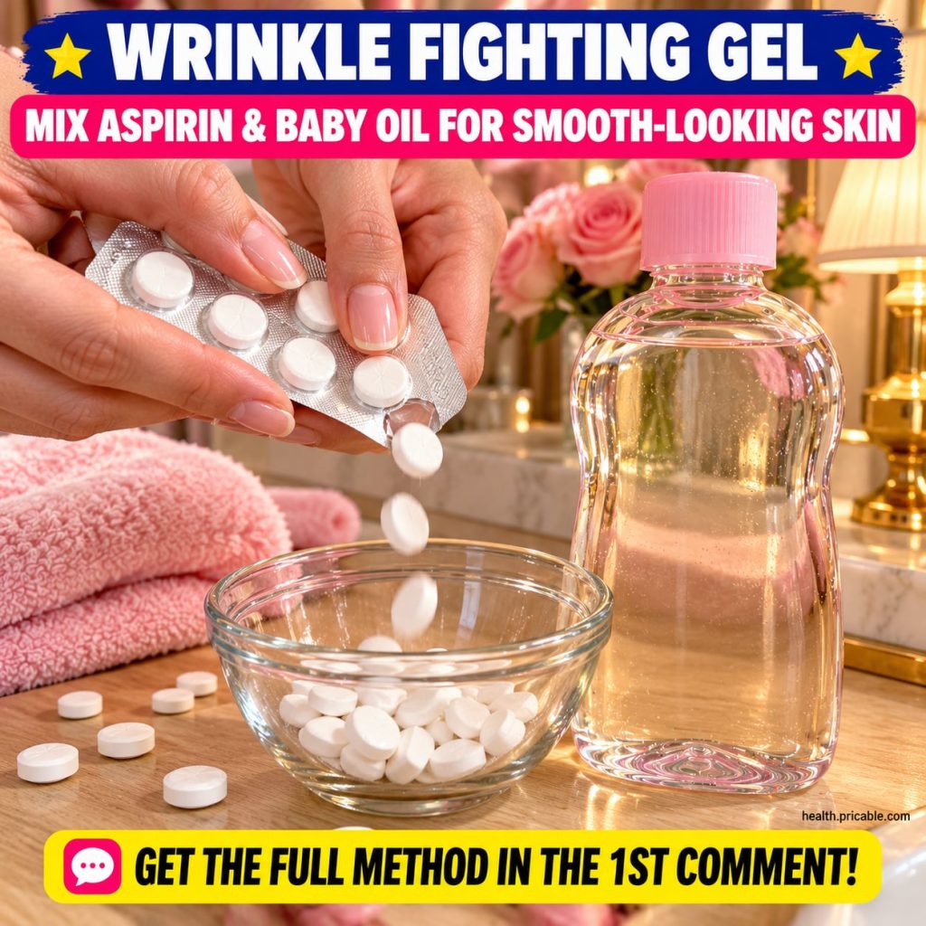 A close-up shot of an aspirin tablet next to a bottle of baby oil on a clean light surface hinting at a DIY beauty hack
