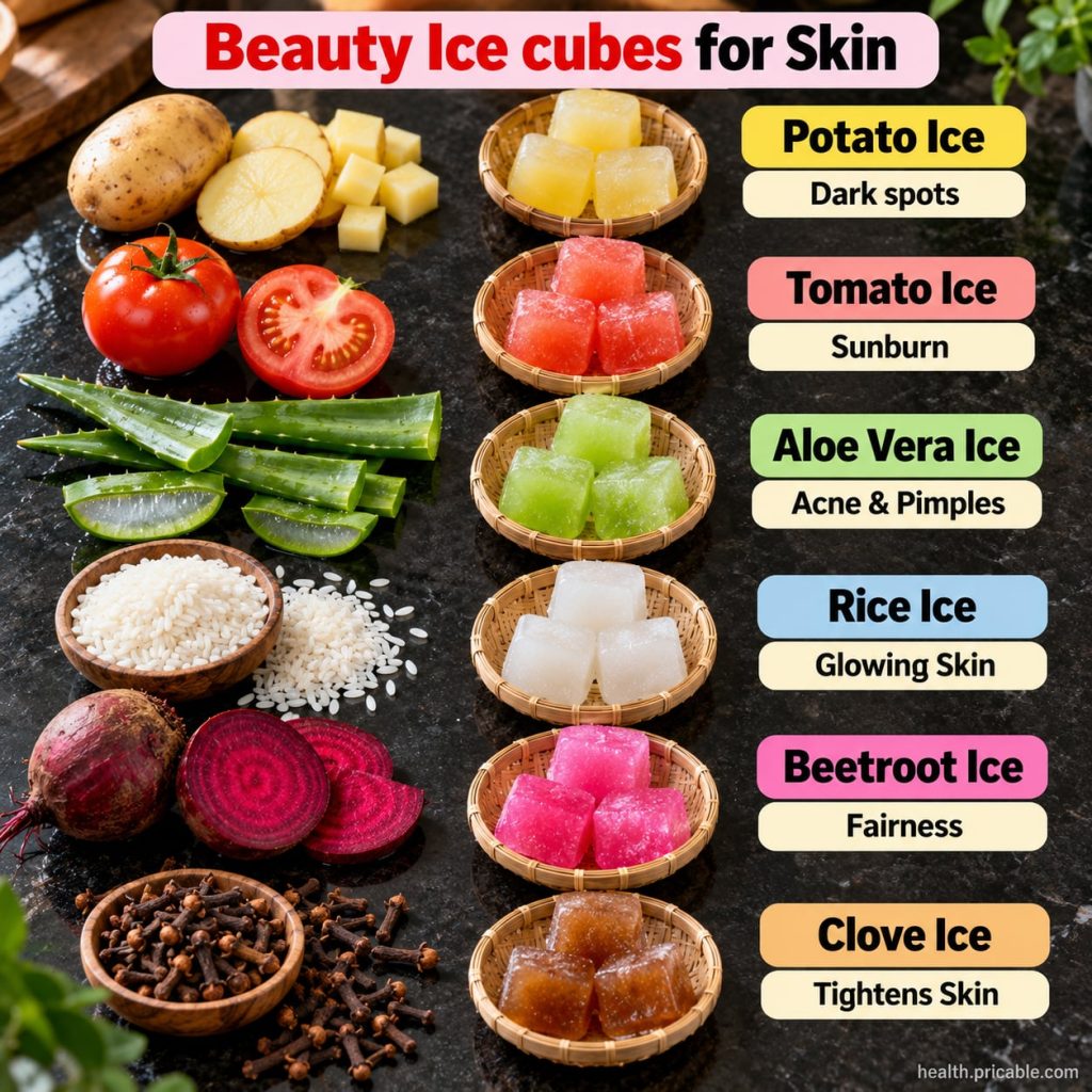 A close-up of a hand holding a green tea and aloe vera beauty ice cube gently rubbing it on a woman s cheek The woman s 