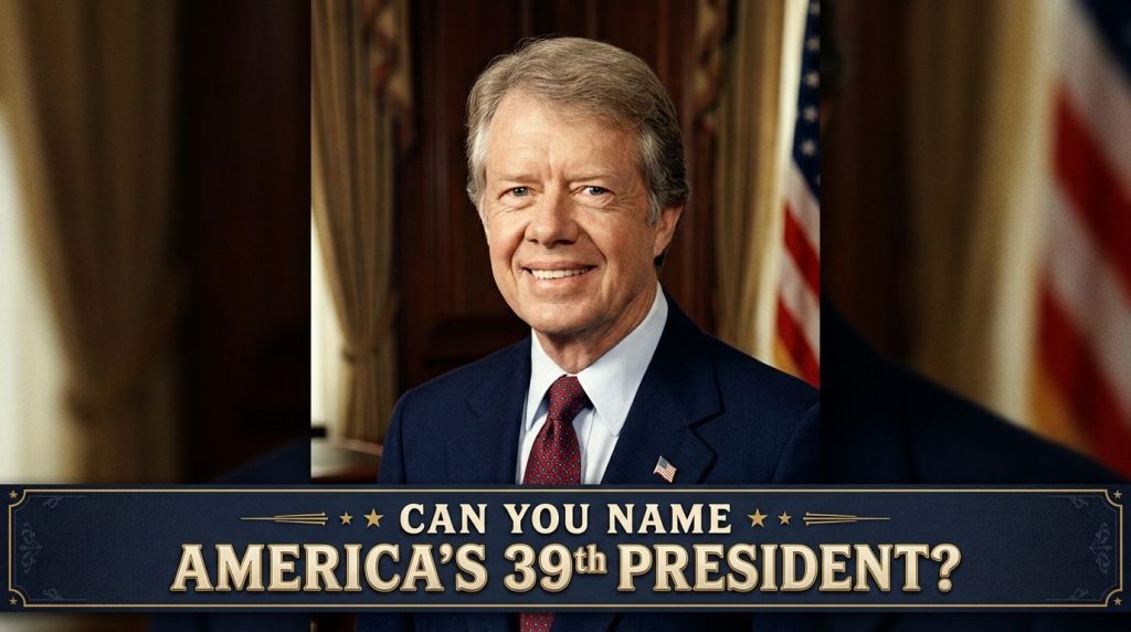 Image of the 39th U S President Jimmy Carter during his time in office with a quiz overlay asking Can you name America s