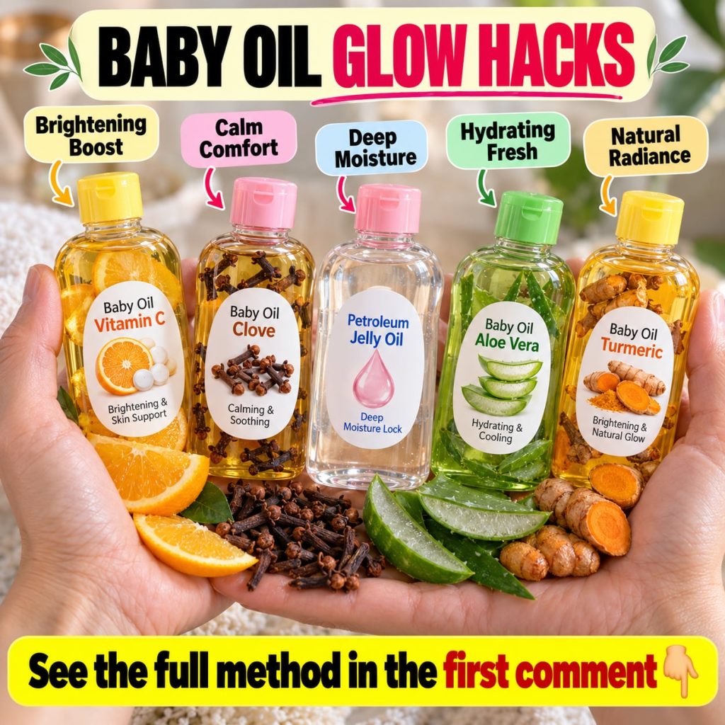 A woman gently applying baby oil to her face with a serene expression a soft glow on her skin natural light filtering in
