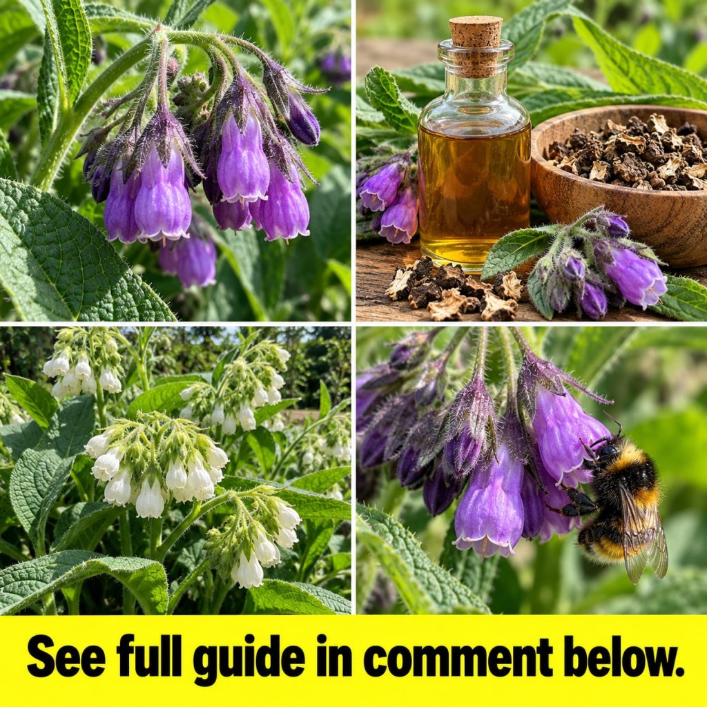 Dried comfrey leaves and roots with a bottle of comfrey-infused oil in the background suggesting a homemade remedy