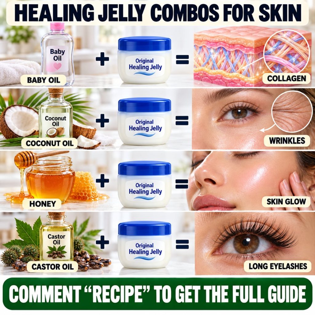 A visual guide illustrating four different natural ingredients Baby Oil Coconut Oil Honey and Castor Oil combined with h