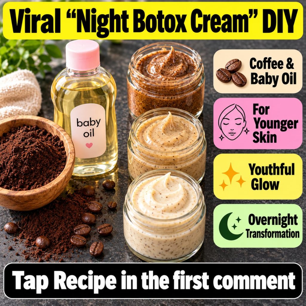 A small glass jar filled with a homemade coffee and baby oil cream placed on a wooden surface next to coffee beans and a