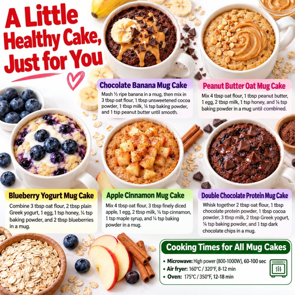 A variety of five colorful and delicious oat mug cakes each in a different mug arranged on a rustic wooden table with so