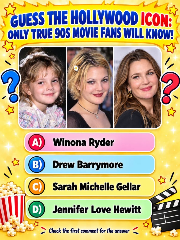 A composite image showing Drew Barrymore at various stages of her life from a young child to her iconic 90s movie star l
