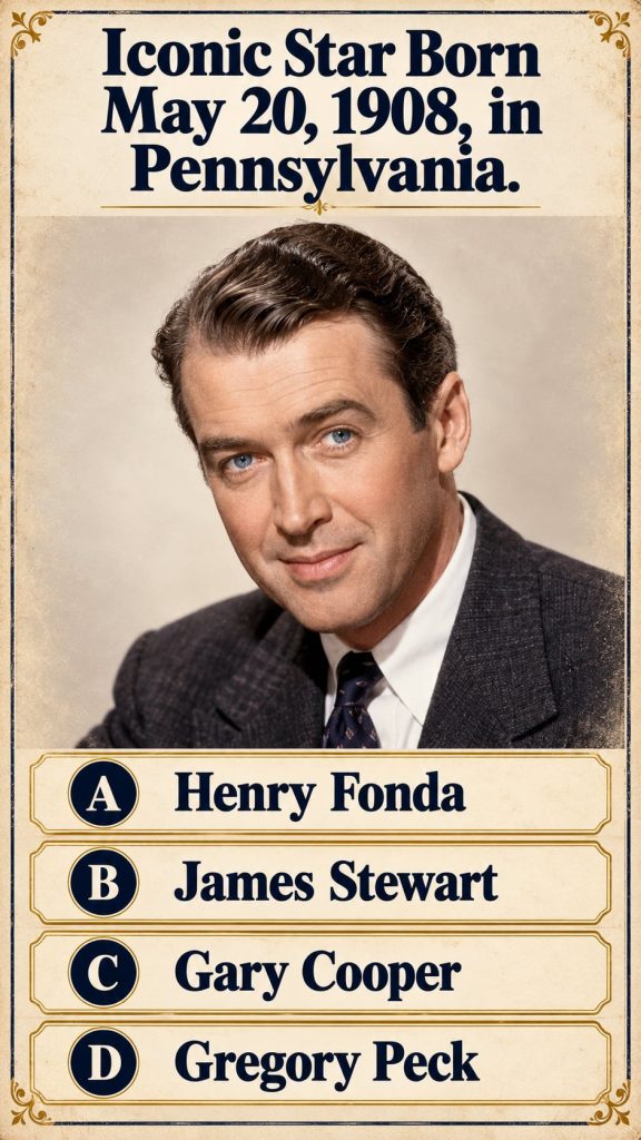 Black and white portrait of James Stewart in a suit smiling gently from his classic Hollywood era