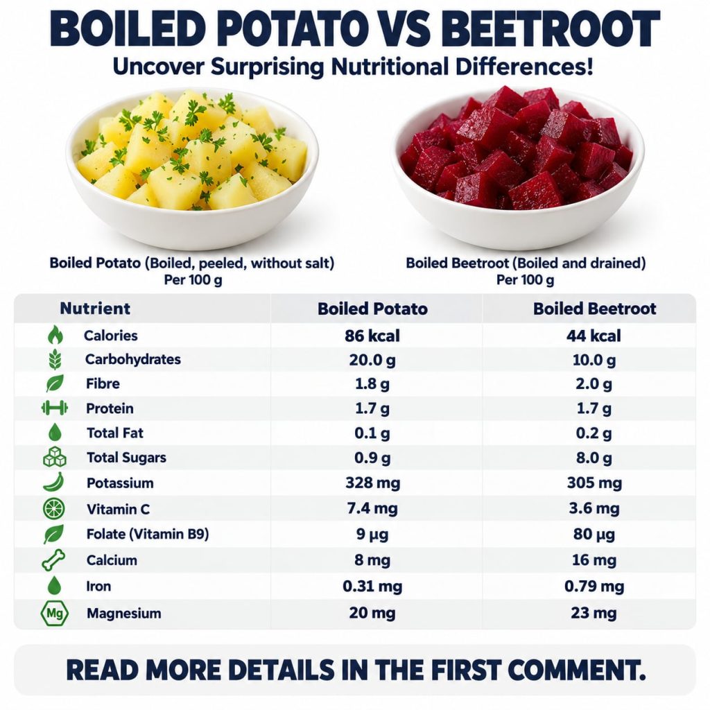 A visual comparison showing a boiled potato and a boiled beetroot with text callouts highlighting their key nutritional