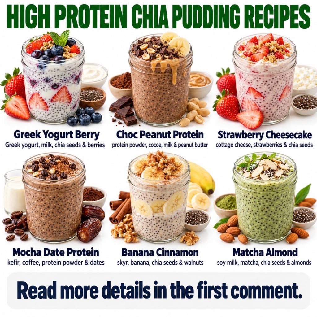 A beautifully arranged collection of six different high-protein chia puddings in glass jars showcasing various flavors l