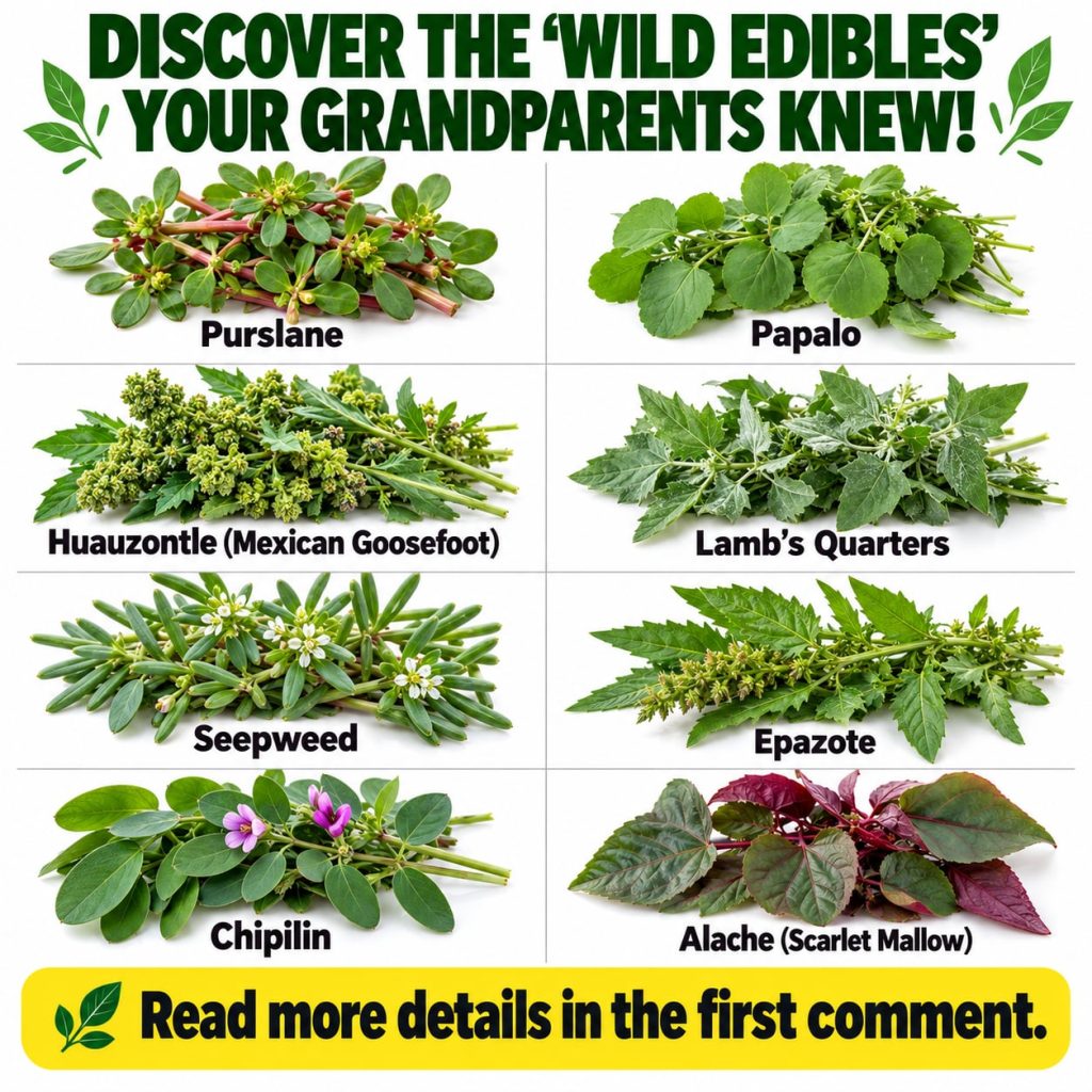 A hand reaching down to pick a wild edible green plant possibly lamb s quarters or purslane amidst other garden plants i
