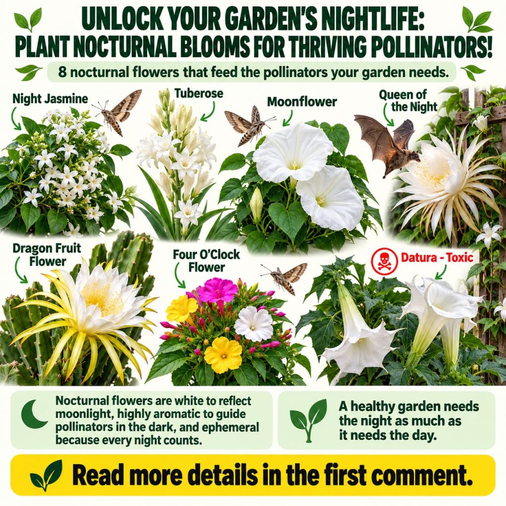 A moonlit garden scene with night-blooming white and pale-colored flowers glowing softly with a moth hovering near a flo