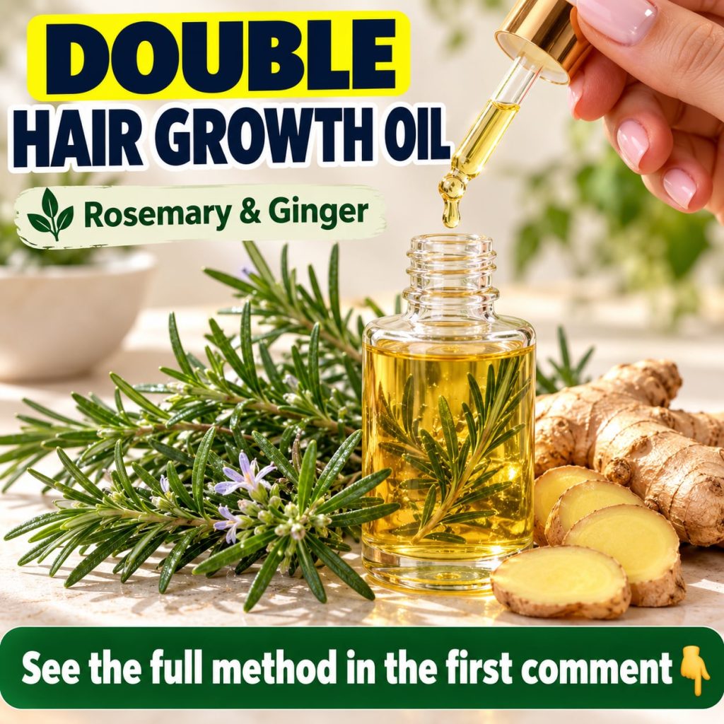A close-up of fresh rosemary sprigs and vibrant ginger roots on a rustic wooden surface with a small amber glass bottle 