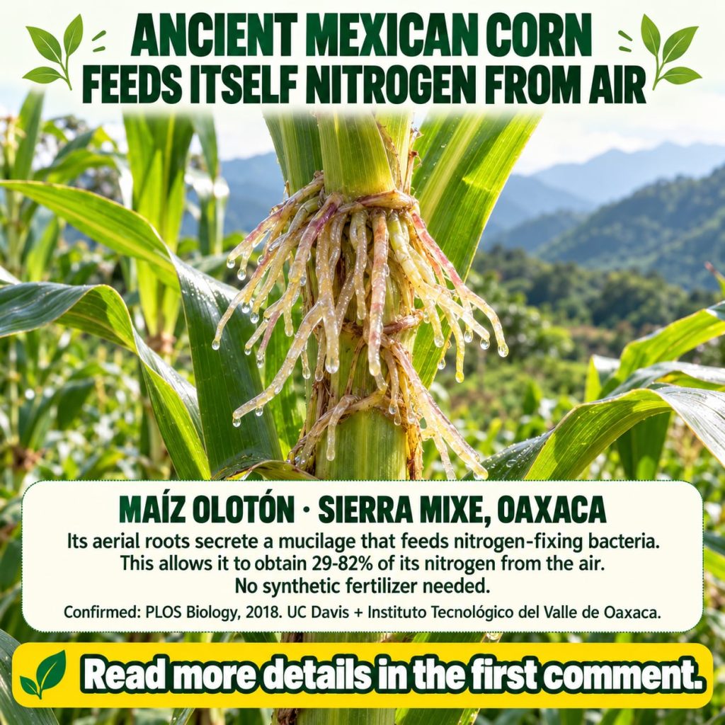 A close-up shot of the lower stalk of Olotón corn showing its distinctive aerial roots covered in a glistening clear muc