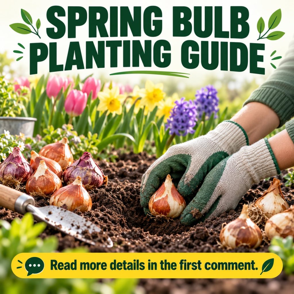 A vibrant spring garden bed filled with various blooming flower bulbs like tulips daffodils and hyacinths showcasing a r