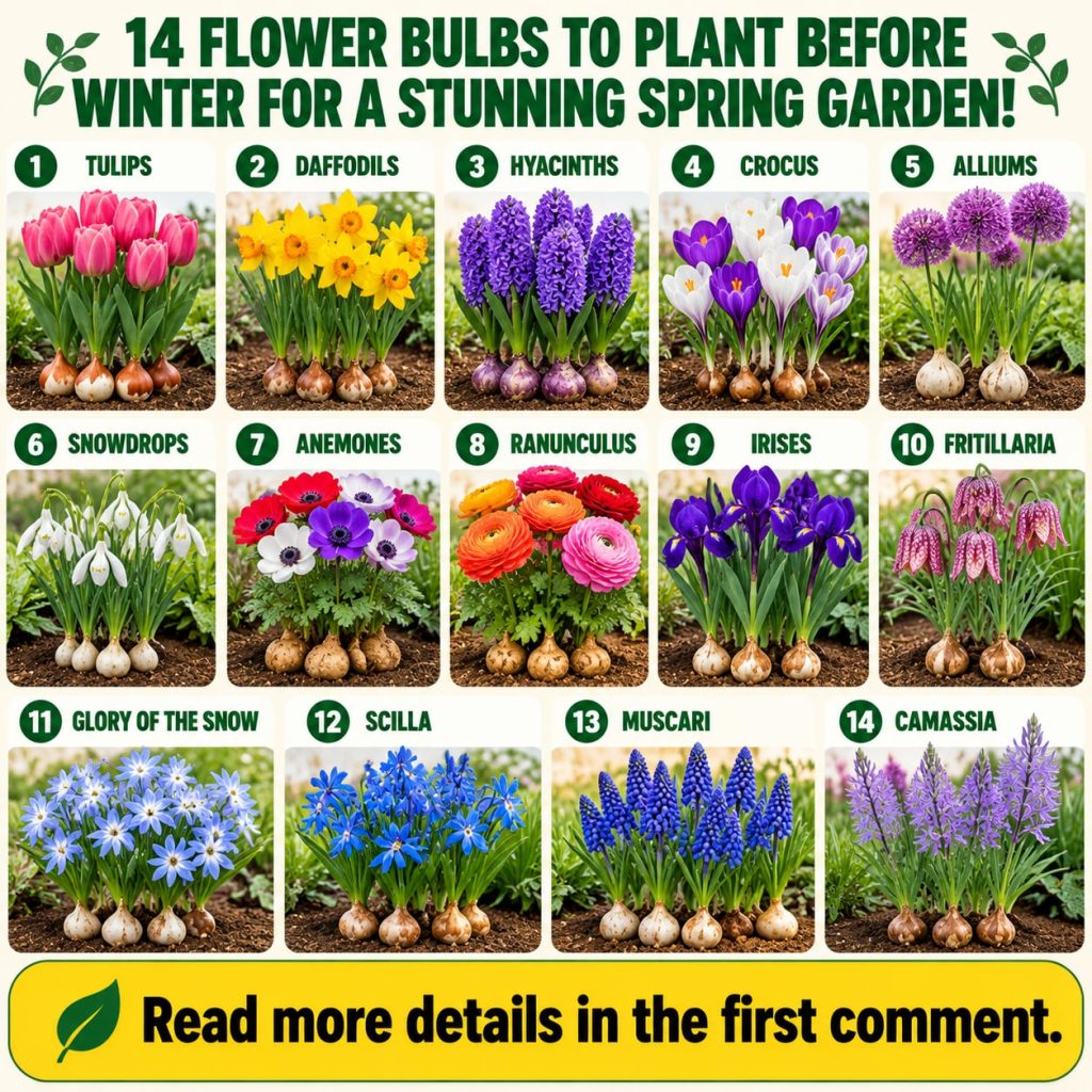 A vibrant spring garden bed filled with an array of colorful blooming flower bulbs including red tulips yellow daffodils