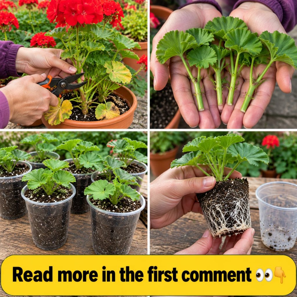 A healthy mature red geranium plant with vibrant green leaves and multiple blooms ready for taking cuttings