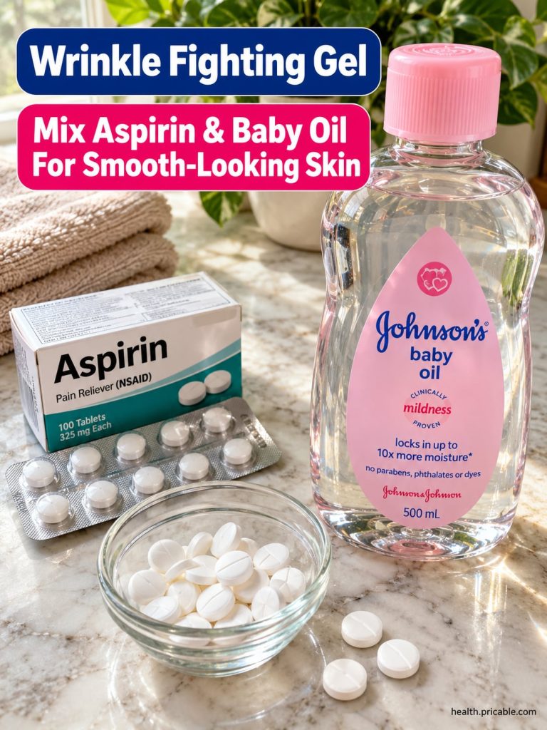 Ingredients for a DIY aspirin and baby oil gel showing crushed aspirin tablets and a bottle of baby oil on a clean simpl