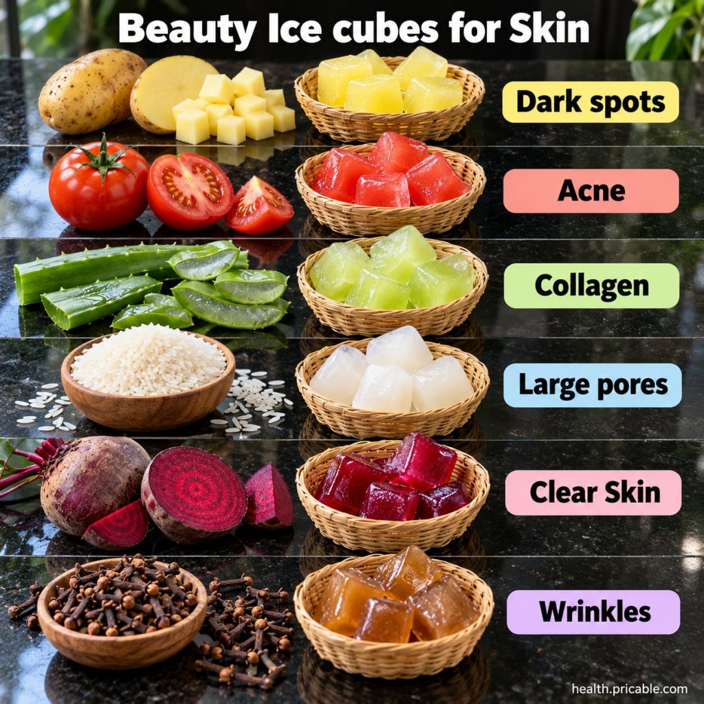 A close-up of several natural beauty ice cubes in an ice tray featuring green tea aloe vera and rose petals with a hand